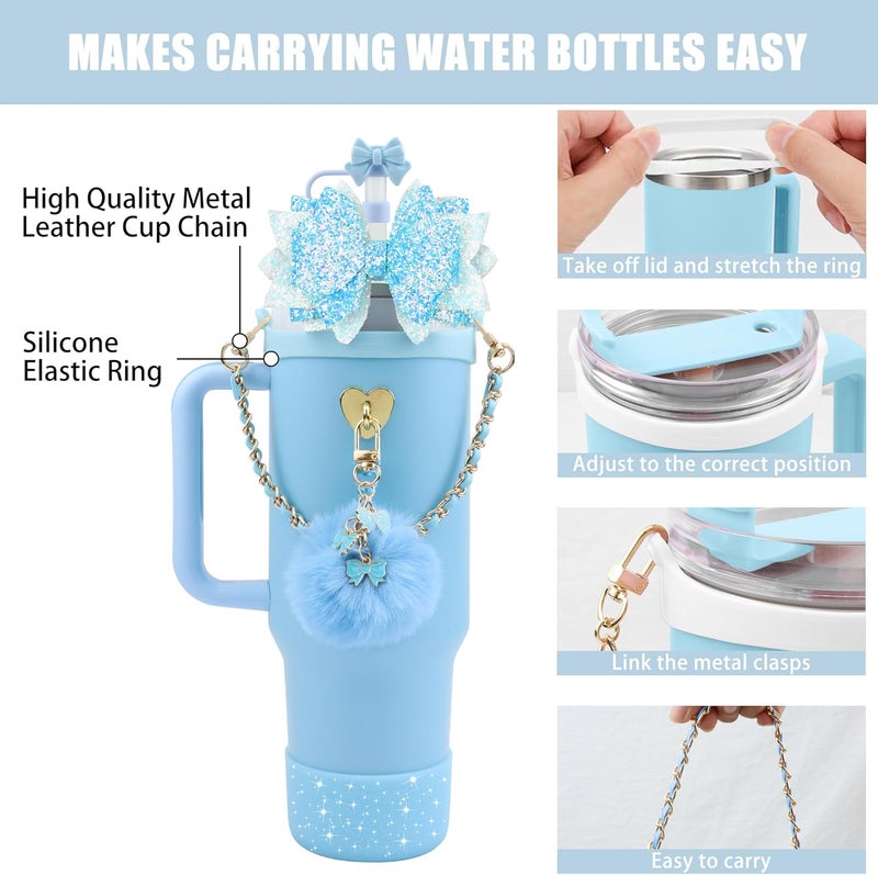 SEMATA Bling Accessories for Stanley Cup 40oz & 30oz Tumbler Including Silicone Cute Bow Straw Topper Cover, Silicone Boot for Stanley Cup,Leather Water Bottle Handle Strap, Charms(Blue) - Image 2